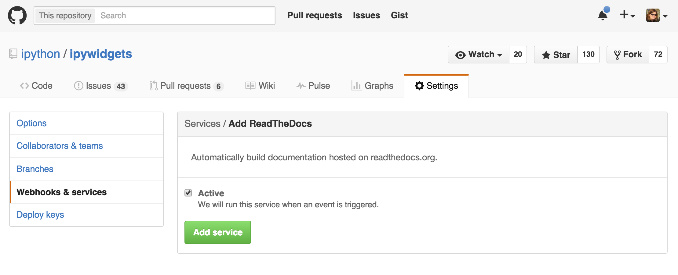 In GitHub, the "Settings" tab of the ipywidgets repository shows that the "ReadTheDocs" service was successfully added to the project. A checkbox with the label "Active" indicates that the service is currently running.