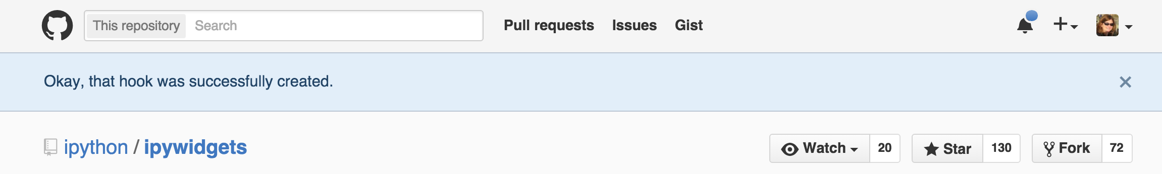 In GitHub, the ipywidgets repository page is open. A banner notification at the top of the page is displayed, reading "Okay, that hook was successfully created."