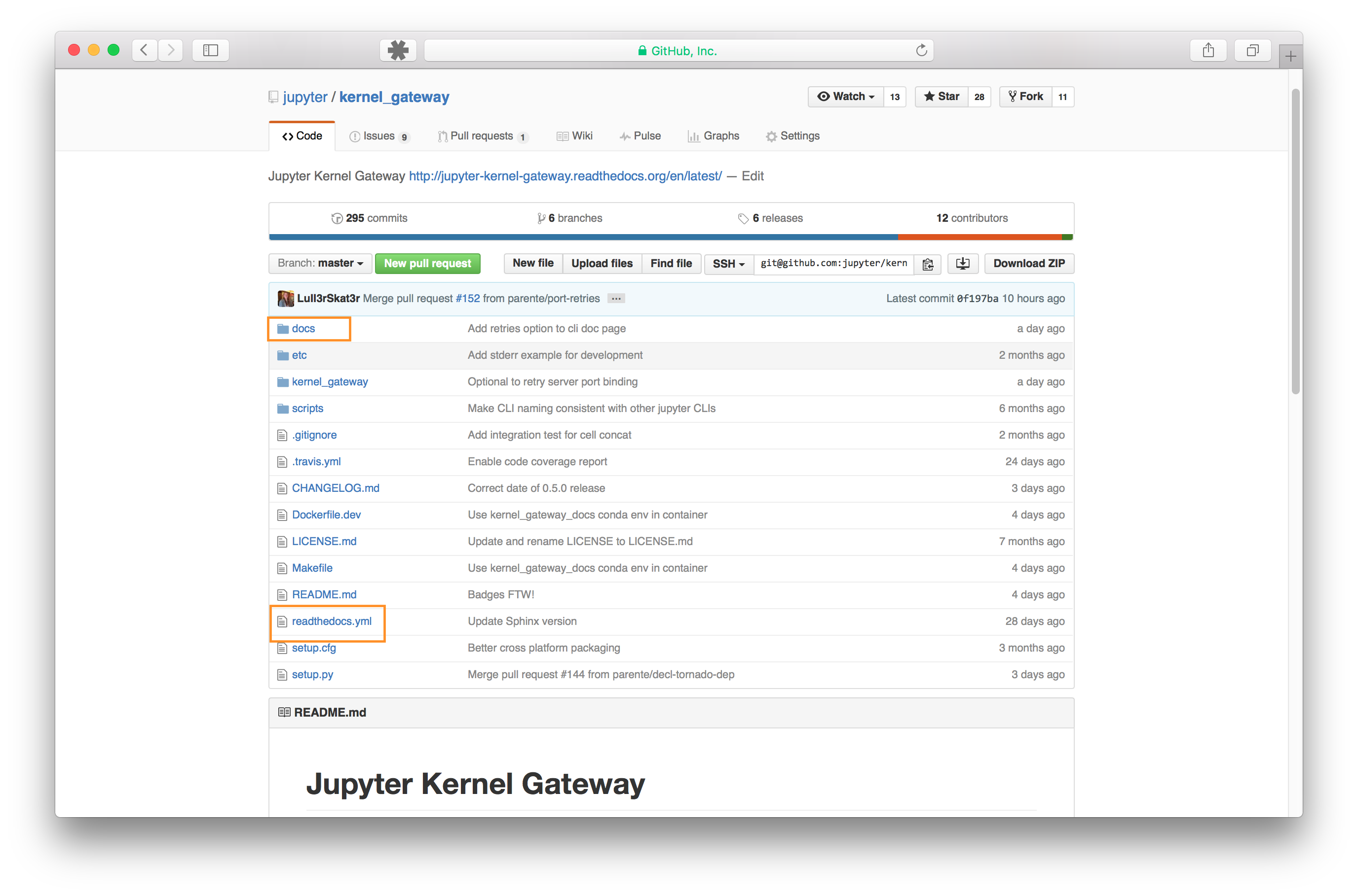 The root level of the jupyter kernel_gateway repo. There are orange boxes surrounding two elements in the directory structure: the docs folder and the readthedocs.yml file. The docs folder is the first element in the directory. The readthedocs.yml file is the 12th item in the directory.
