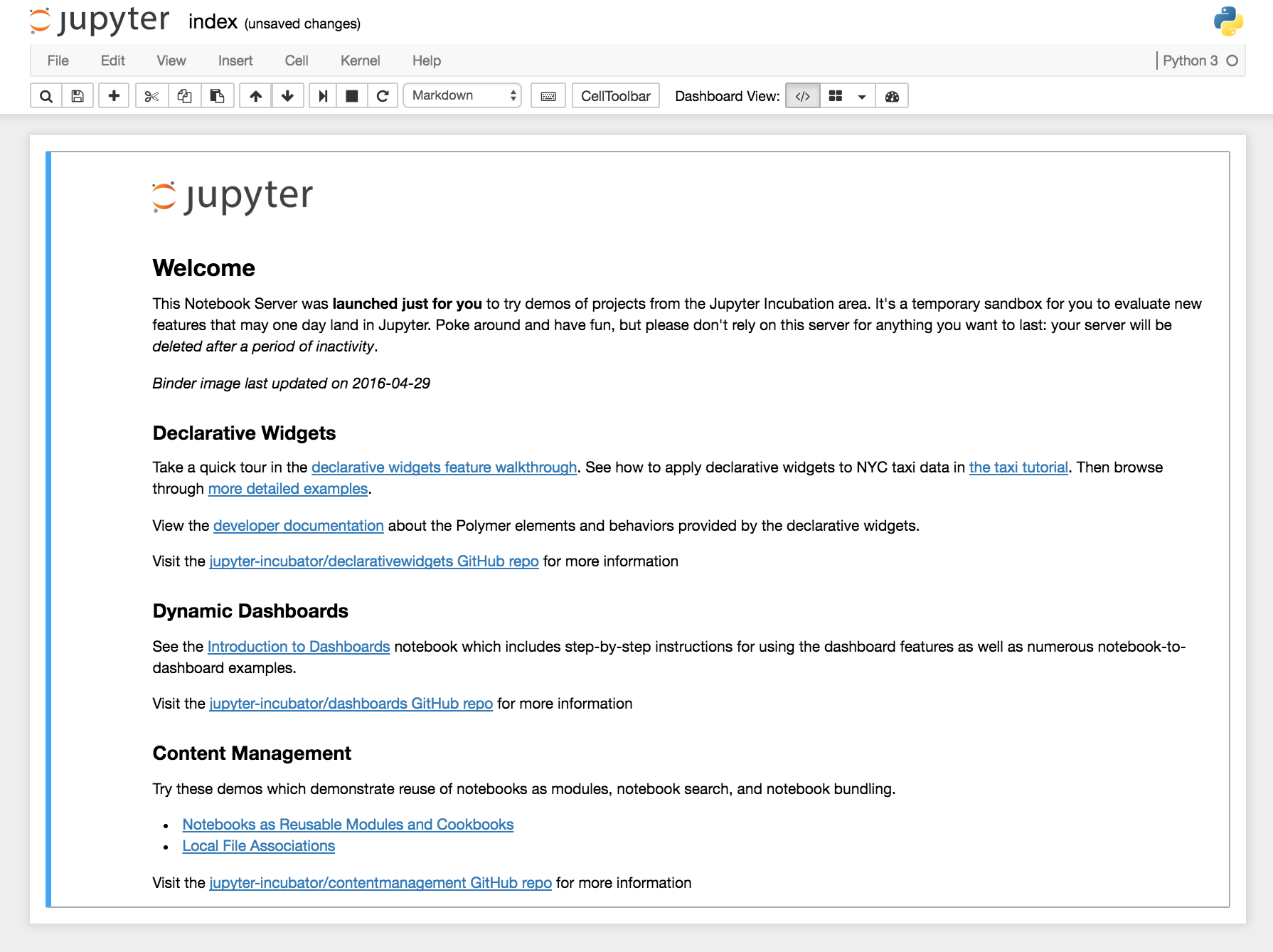 The online trial Jupyter notebook. It begins with a text cell stating that this is a temporary notebook server. It then lists the different incubator projects that are available on the server, with links to demos, documentation and GitHub repo for each.